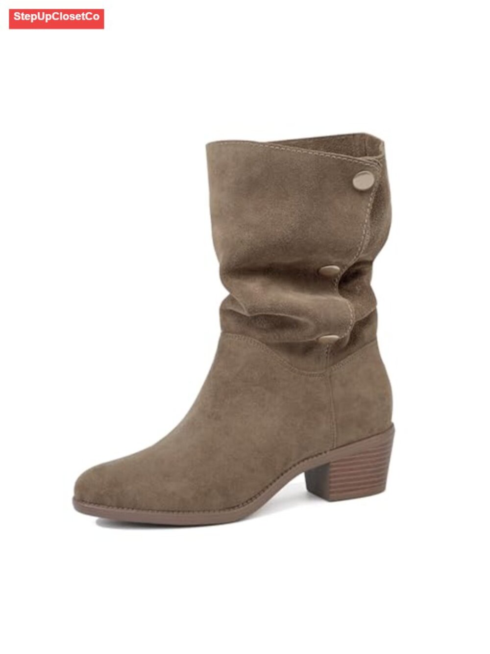 Suede Mid-Calf Boots 3-Way Fold-Over Chunky Block Heel Slouch Pointed Toe